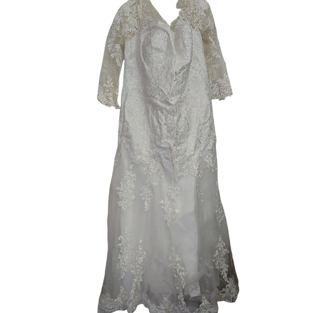 Vintage Inspired Womens Wedding Dress Lace Long Sleeve Sheer‎ Train Pearl Bridal